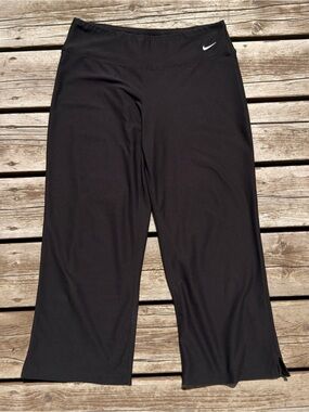 Nike Black Cropped Wide-Leg Athletic Pants with White Swoosh